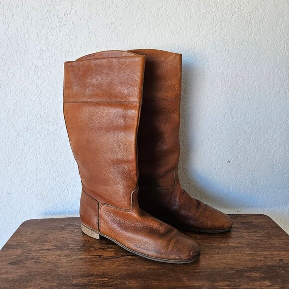 Vintage 70s 80s Brown Genuine Pebbled leather High Riding Boots HIppie Pimp 11 - Picture 1 of 9